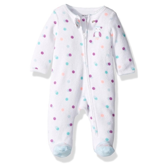 White Polka Dot Footed Fleece Pajamas with Owl - Picture 2 of 7